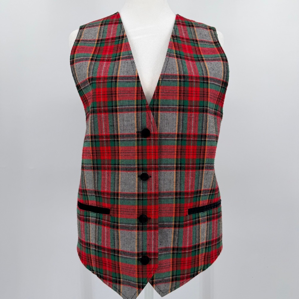 Tartan Plaid Red Green Black Vintage Karen Scott Vest Size Large Holiday